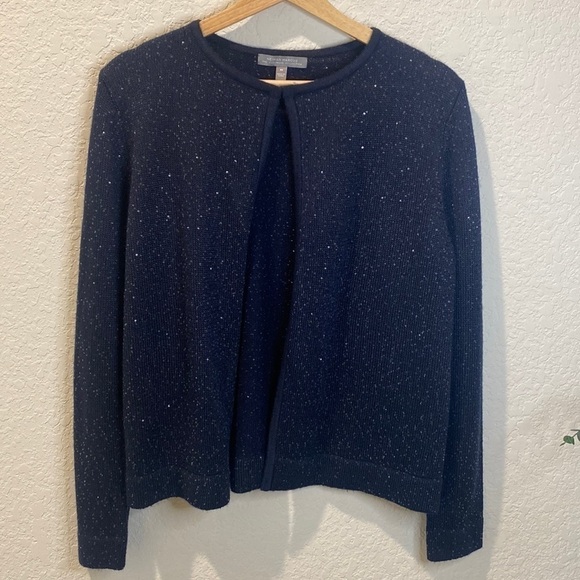 𝅺Neiman Marcus Cashmere Open Front Sparkle Cardigan - Navy Blue - Medium - Picture 1 of 12